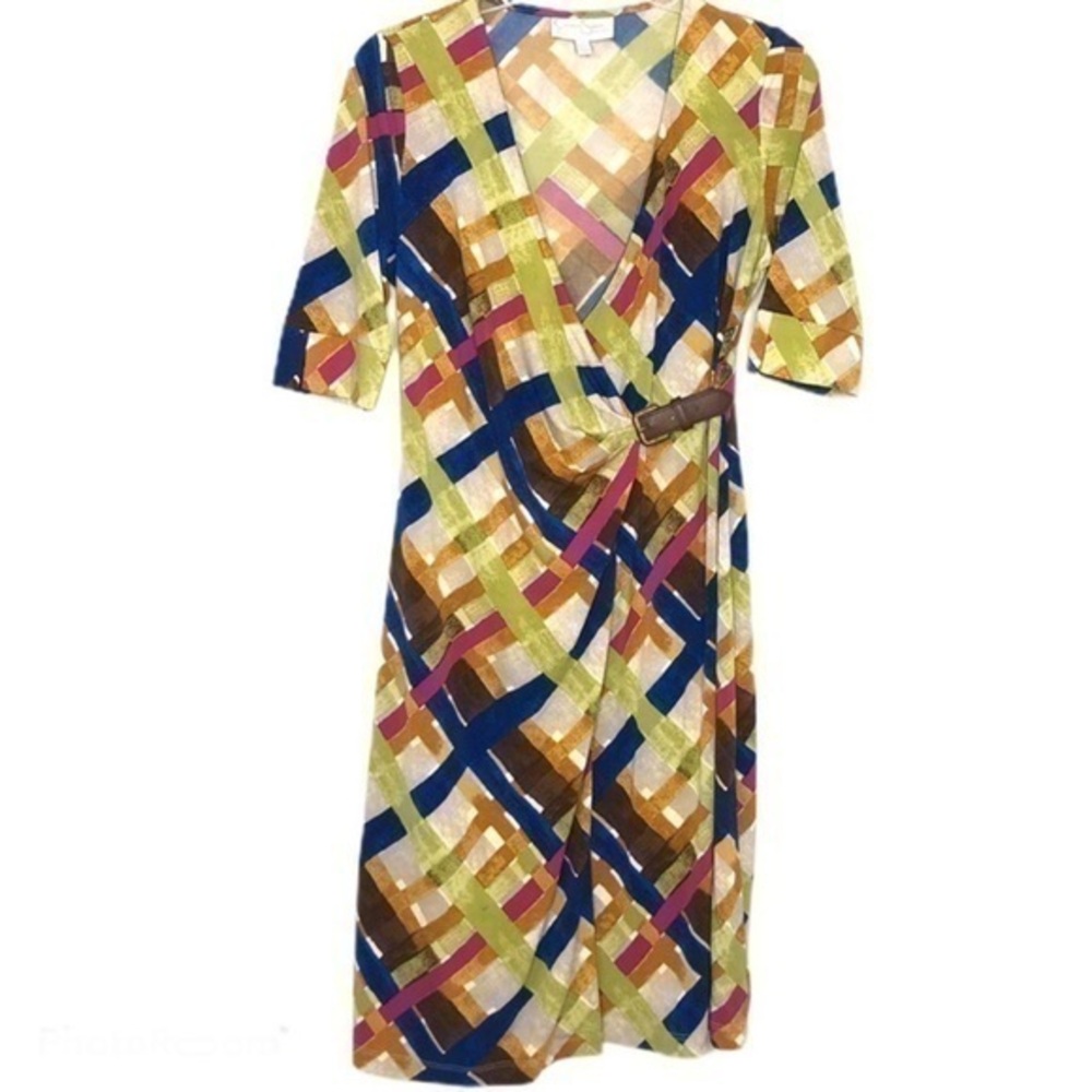Jessica Simpson Maternity Faux Wrap Geometric Line Bright Plaid Buckle Dress